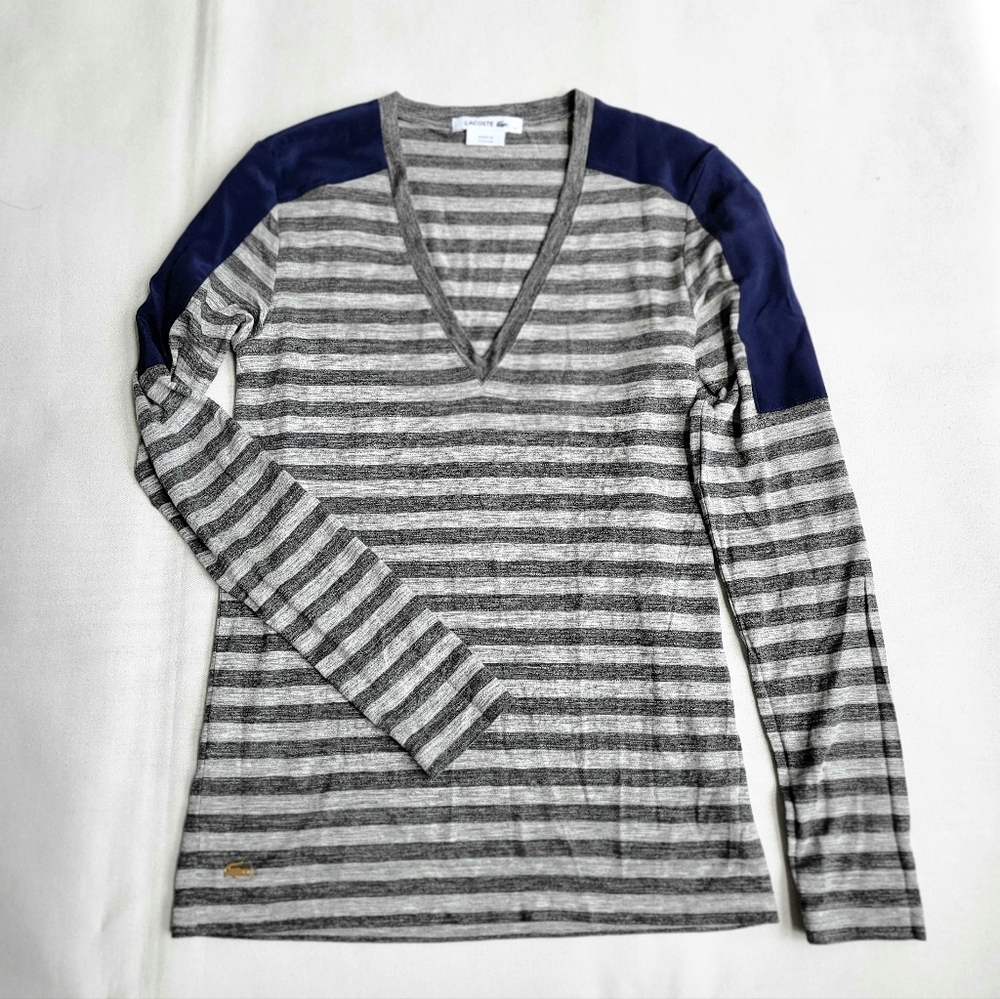 New Lacoste Striped V-Neck Long Sleeve Logo Top Contrast Navy Shoulder Panels 34